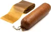 A coiled roll of brown casing next to a sausage. Podgląd zdjęcia produktu
