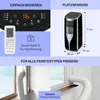 Collage of images showing a portable air conditioner, its remote control, dimensions, and installation in a window. Náhľad obrázku produktu