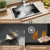 A split image showing a kitchen sink with steam, and a close-up of the sink's surface being cleaned. Produktbild-Vorschau