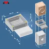 Diagram showing dimensions and assembly of a washing machine stand with a drawer, and how it fits with a washing machine. Voir les images du produit