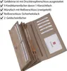 A beige women's wallet is shown open, displaying its interior compartments and credit card slots. Produktbild-Vorschau