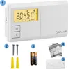 A white digital thermostat with a yellow display, shown with accessories like screws, wall plugs, and batteries. Produktbild-Vorschau