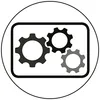 A graphic illustration of three gears inside a rounded rectangle, which is inside a circle. Produktbild-Vorschau