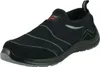 A black slip-on shoe with white stitching and a red logo tag. Produktbild-Vorschau