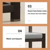 Close-up of a furniture leg with text describing its features, and a close-up of a seat cushion with text describing its features. Produktbild-Vorschau