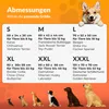A size chart for dog crates with different sizes and corresponding dog breeds, along with illustrations of dogs in various sizes at the bottom. Produktbild-Vorschau