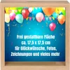 A wooden frame with a blue background, decorated with balloons, confetti, and streamers. Text is overlaid on the image. Produktbild-Vorschau