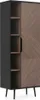 A tall, narrow cabinet with a dark gray exterior and a wooden door with a chevron pattern. The left side has open shelves. Produktbild-Vorschau