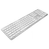 A silver and white wireless keyboard is shown from a high angle, angled to the right, on a white background. Produktbild-Vorschau