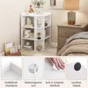 A collage of images showing a white corner bookshelf with decorative items, and close-ups of its features. Podgląd zdjęcia produktu