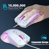 A hand is shown using a white gaming mouse with pink and purple accents. The mouse has a textured grip and RGB lighting. The image also features text highlighting durability and ergonomic design. Produktbild-Vorschau