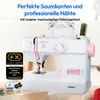 A white Medion sewing machine with pink accents is shown in a studio-like setting, with text overlays highlighting its features and awards. Produktbild-Vorschau