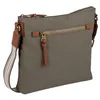 A khaki-colored crossbody bag with brown leather accents and a striped strap is shown against a white background.