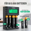 A black battery charger with a digital display and several AA and AAA batteries, some inserted and some standing next to it. Text overlays describe supported battery types and formats. Produktbild-Vorschau
