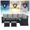 A black polyrattan lounge set with gray cushions, shown with three shield icons representing water, sun, and snow protection. Produktbild-Vorschau