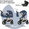 Illustration showing a stroller in two configurations: with a bassinet and with a sports seat, and an optional car seat. Produktbild-Vorschau