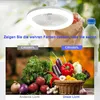Collage showing a ceiling fan with light and a comparison of light quality on vegetables. Voir les images du produit