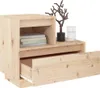 A light wood nightstand with an open drawer, shelf, and a small open compartment holding books. Decorative twig and glass are on top. Produktbild-Vorschau