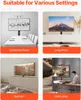 Collage showing a motorized TV lift stand in various settings: conference room, living room, bedroom, and hotel lobby. Produktbild-Vorschau