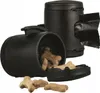 Two black cylindrical containers, one open and filled with dog treats, the other closed with a black plastic bag dispenser. Produktbild-Vorschau