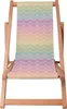 A wooden deck chair with a colorful fabric seat featuring a rainbow wave pattern. Podgląd zdjęcia produktu
