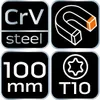 A collage of four black squares, each displaying information about a tool. The top left shows 'CrV steel'. The top right shows a diagram of a horseshoe magnet. The bottom left shows '100 mm'. The bottom right shows a Torx symbol and 'T10'. Produktbild-Vorschau