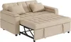 A beige sofa bed is shown in its partially opened state, revealing the metal frame underneath. Voir les images du produit