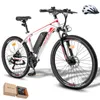A white and red electric mountain bike is shown against a white background. A white helmet is placed to the upper right of the bike. A small gift box is in the lower left corner. Náhled obrázku produktu