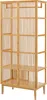 A tall, narrow, slatted wooden wardrobe stand with a hanging rail and shelves, shown against a white background. Podgląd zdjęcia produktu