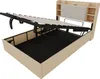 A bed frame with its storage compartment open, revealing the internal storage space. The headboard with shelving is visible in the background. Voir les images du produit