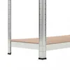 A close-up view of the bottom section of a metal shelving unit with a wooden shelf. Podgląd zdjęcia produktu