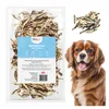 A collage featuring a package of dried fish treats for dogs, a close-up of the treats, and a Cavalier King Charles Spaniel dog. Produktbild-Vorschau