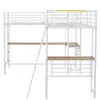 A white metal loft bed with wooden shelves and a ladder, shown against a white background. Náhľad obrázku produktu