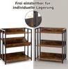 Two views of a wooden bookshelf with black metal frame, one with a close-up of an adjustable shelf height. Produktbild-Vorschau