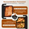 A marketing image showcasing the features of an air fryer, with text overlays and images of food. Produktbild-Vorschau