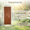 A decorative garden screen with a dandelion motif, shown outdoors in a garden setting with informational text overlays. Produktbild-Vorschau