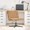 A beige office chair is placed in front of a desk with drawers, a laptop, and a lamp. Podgląd zdjęcia produktu