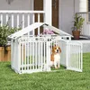 A dog is inside a white playpen on a grassy lawn in front of a house. Produktbild-Vorschau