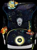 A black school backpack with a space-themed pattern and various colorful cartoon-like astronaut and space-related embellishments. The backpack has a central clasp and a glowing circular feature on the front pocket. Voir les images du produit