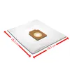 A white vacuum cleaner bag with a brown cardboard attachment is shown on a white background. Red arrows indicate the dimensions of the bag. Produktbild-Vorschau