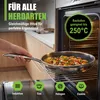 A hand holding a frying pan with food inside, placed on a rack inside an oven. The oven door is open, and there are various icons and text overlays indicating product features. Produktbild-Vorschau