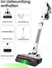 A collage showing a cordless vacuum cleaner and its accessories, with text detailing the included items. Produktbild-Vorschau