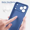 A hand is touching a blue phone case, with fluffy white material in the background. Produktbild-Vorschau