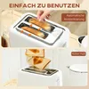 Collage showing a white toaster with bread and a partial view of a white kettle. Produktbild-Vorschau