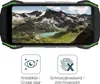 A rugged smartphone displaying a mountain landscape, with icons and text below highlighting its features. Náhled obrázku produktu
