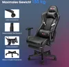 A black gaming chair with various features highlighted with text and inset images. Náhled obrázku produktu