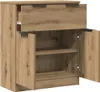 A wooden sideboard with two doors and one drawer, shown open to reveal shelves. Náhľad obrázku produktu