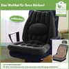 An inflatable seat cushion with lumbar support is shown on an office chair, with marketing text and logos. Produktbild-Vorschau