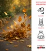 Autumn leaves blowing on a path, with icons and text describing product features. Produktbild-Vorschau