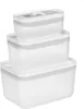 A stack of three clear plastic food storage containers of varying sizes, with gray lids, against a white background. Produktbild-Vorschau